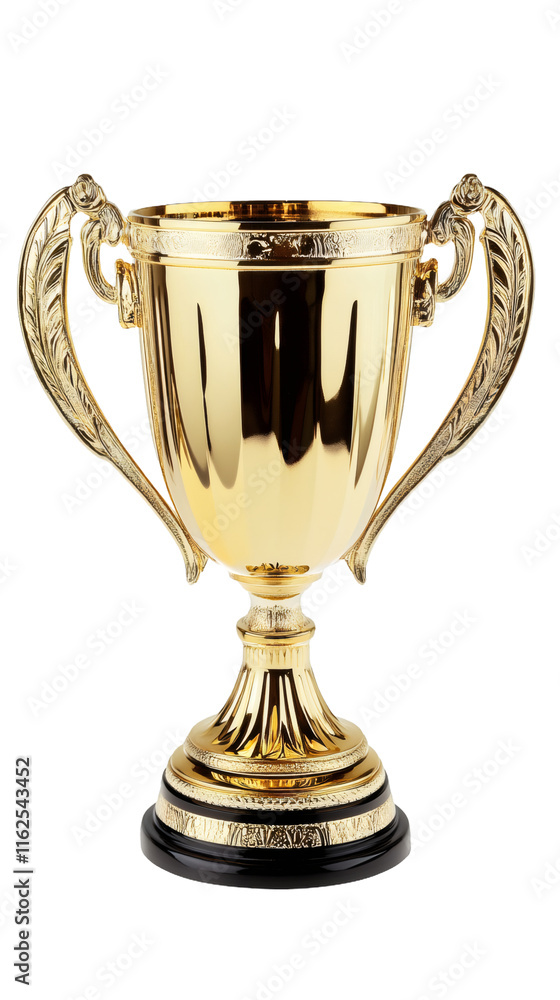 Shiny golden trophy cup with handles and engravings on transparent background, celebrating victory and achievement Shiny golden trophy cup with handles and engravings on transparent background, celebrating victory and achievement