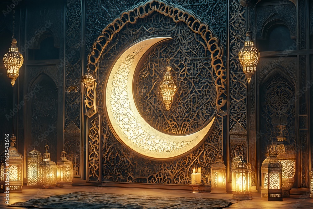 Obraz premium Decorative Ramadan Kareem Greeting Card with Detailed Crescent Moon, Illuminated Lanterns, and Arabesque Patterns