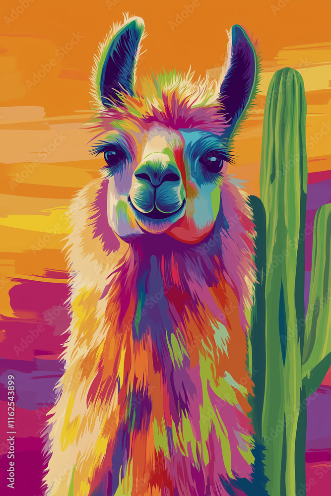 Naklejka premium Colorful llama portrait against vibrant sunset and cactus scene
