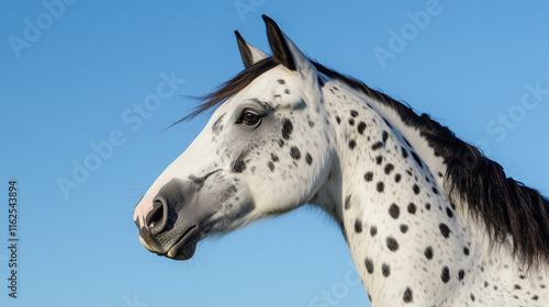 Spotted appaloosa horse against clear blue sky photo