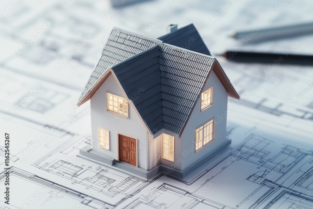 Small house model on blueprints with architectural drawings and design tools, web banner layout with copy space Small house model on blueprints with architectural drawings and design tools, web banner layout with copy space