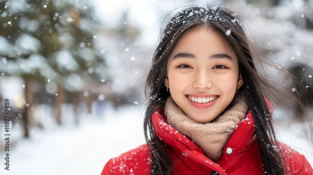 Happy Asian Woman Enjoying Winter Wonderland, Smiling in Snowy Forest, Wearing Red Coat Happy Asian Woman Enjoying Winter Wonderland, Smiling in Snowy Forest, Wearing Red Coat