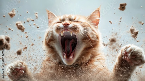 A dynamic image capturing a ginger tabby cat in a playful action pose, mouth open wide, set against a blurred action-focused background conveying energy and excitement. photo