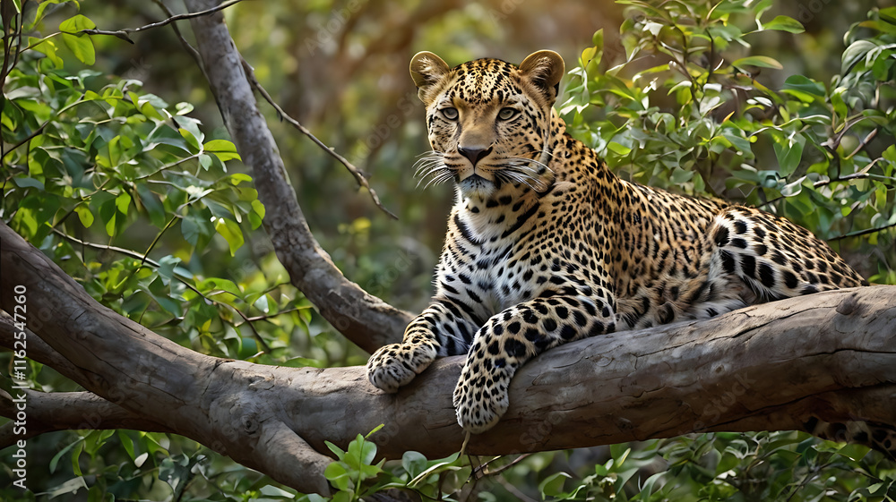 Leopard on a branch of a large tree in the wild habitat during the day about sunlight
Leopard on a branch of a large tree in the wild habitat during the day about sunlight