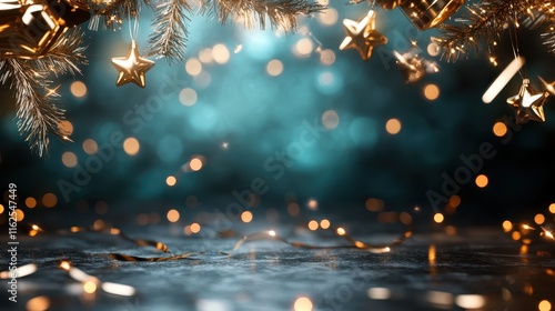 A festive image featuring sparkling golden ornaments and stars against a blurred aqua background, evoking celebration, warmth, and the joy of the holiday season. photo