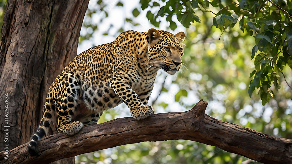 Leopard on a branch of a large tree in the wild habitat during the day about sunlight
Leopard on a branch of a large tree in the wild habitat during the day about sunlight