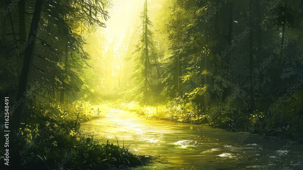 Sunlit Stream Flows Through Lush Green Forest Sunlit Stream Flows Through Lush Green Forest