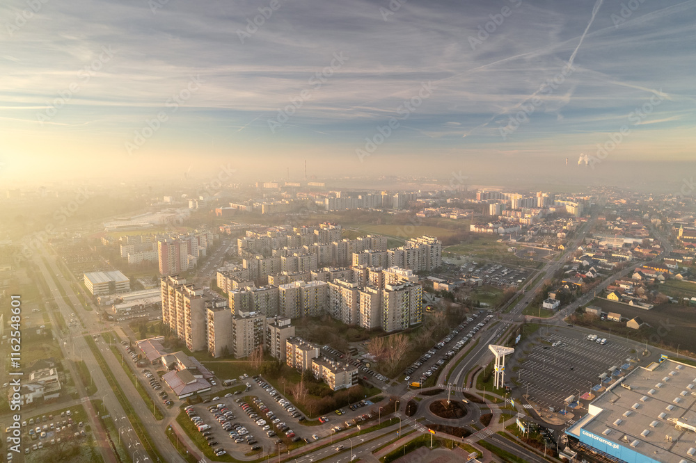 Winter day with a lot of smog in Opole. You can see dark layers with smog.