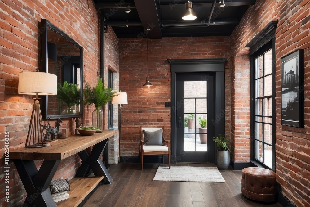 industrial Foyer Design With Red Brick Accent Wall industrial Foyer Design With Red Brick Accent Wall