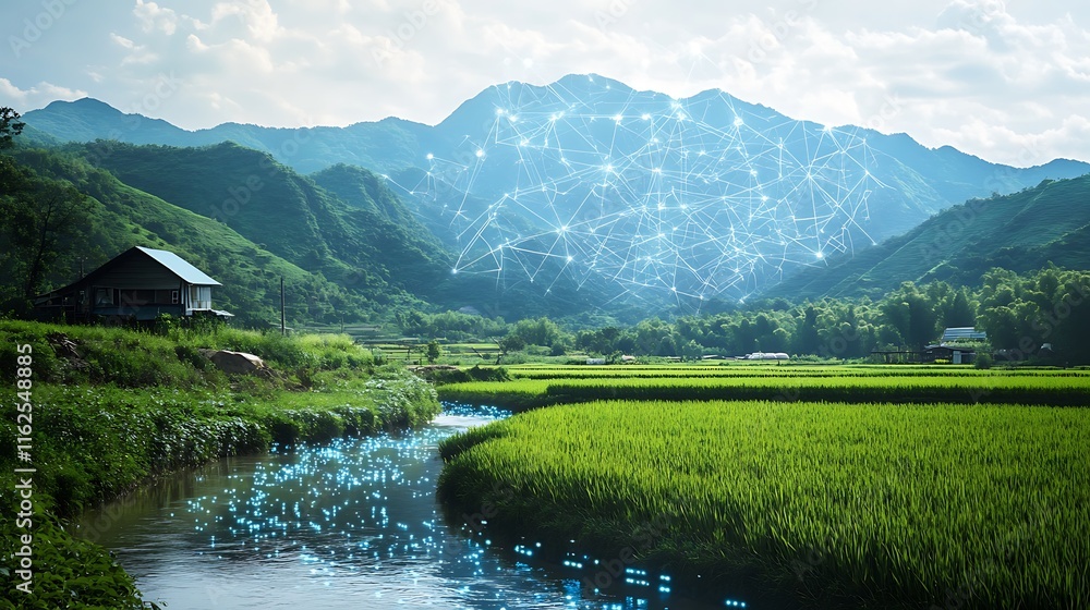 Fototapeta premium Tranquil Landscape with a Modern Network Visualization Over Lush Rice Fields and Mountainous Backdrop, Showcasing Harmony Between Nature and Technology