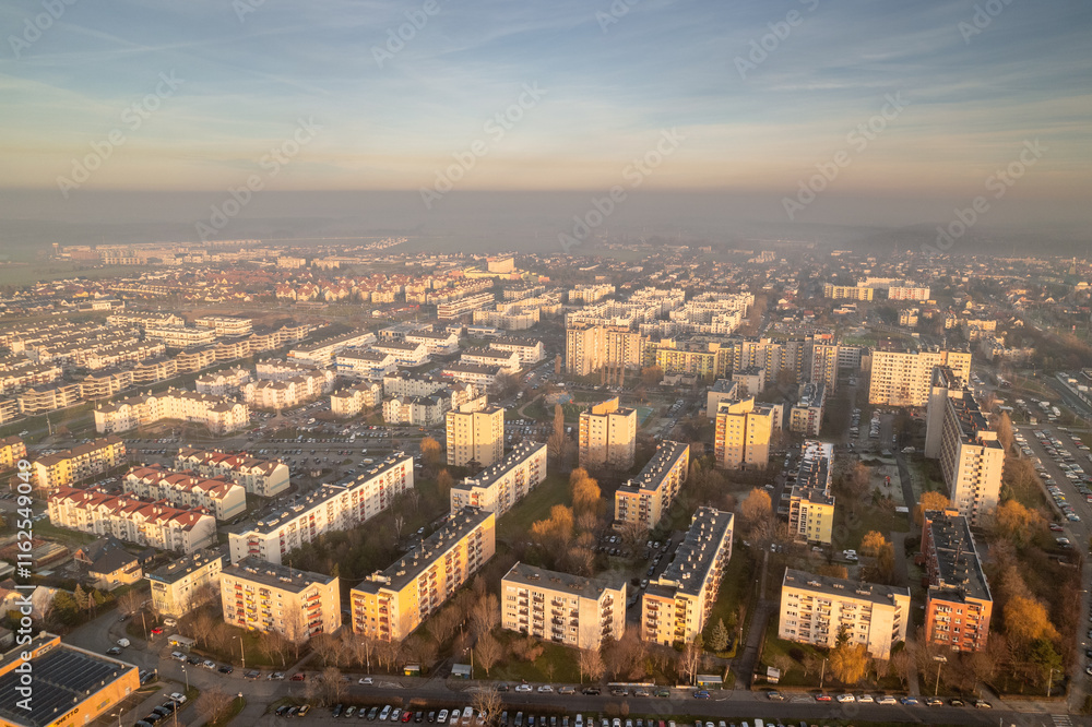 Winter day with a lot of smog in Opole. You can see dark layers with smog.