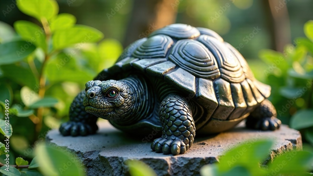 Majestic Turtle Sculpture, Artistic Detail, Lush Garden Setting