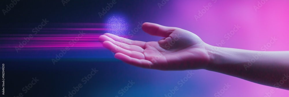 Fototapeta premium A hand is holding a glowing object, possibly a crystal or a piece of technology. The image has a futuristic and mysterious feel to it, with the glowing object appearing to be almost otherworldly