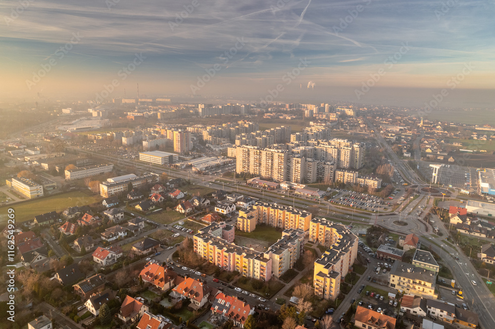 Winter day with a lot of smog in Opole. You can see dark layers with smog.