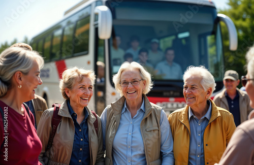 Group of happy senior tour participants stands in front of tour bus. They are smiling and seem to be enjoying their journey. Outdoors activity and lifestyle concept is shown in the photo. photo