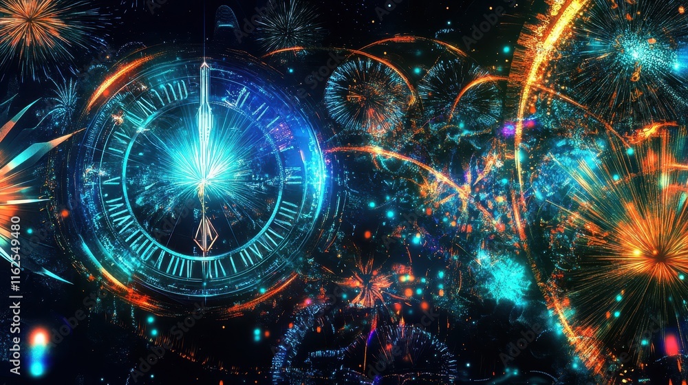 Festive Clock Face Amidst Vibrant Fireworks Display Festive Clock Face Amidst Vibrant Fireworks Display