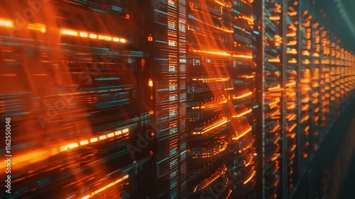 A high-tech data center illuminated by vibrant glowing lights in shades of green, pink, and orange. Rows of servers extend into the distance, showcasing the advanced infrastructure and energy  photo