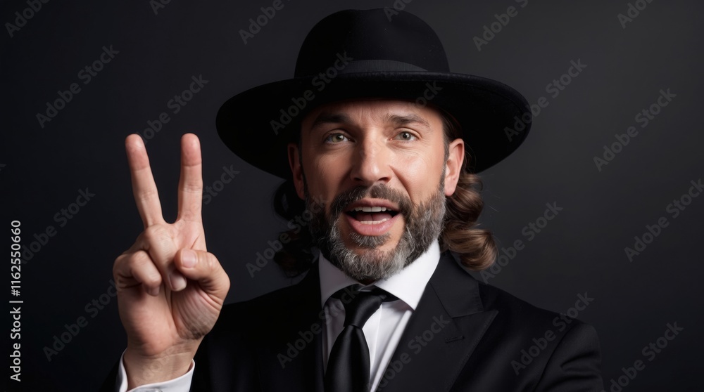 In an elegant black suit complemented by a stylish hat, a man flashes a charming smile while making a peace sign with his hand, radiating positivity and confidence in a sleek setting In an elegant black suit complemented by a stylish hat, a man flashes a charming smile while making a peace sign with his hand, radiating positivity and confidence in a sleek setting