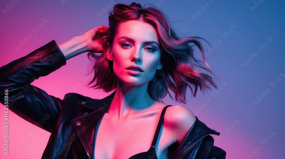 A striking model showcases bold fashion against a backdrop of dynamic, colorful lighting. Her expressive pose and captivating gaze bring the scene to life with energy and flair A striking model showcases bold fashion against a backdrop of dynamic, colorful lighting. Her expressive pose and captivating gaze bring the scene to life with energy and flair