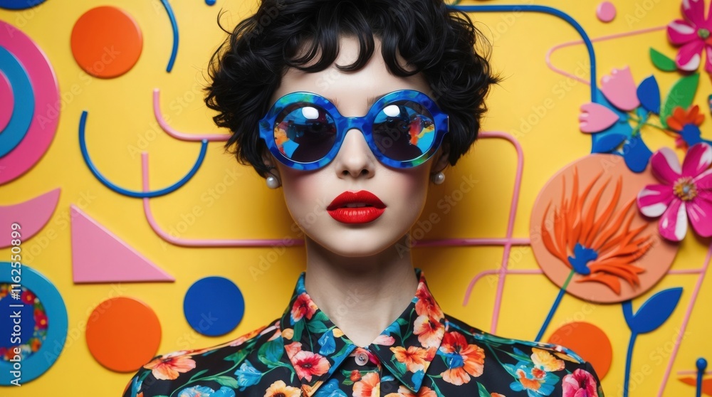Fototapeta premium A stylish figure showcases a bold floral ensemble paired with striking oversized sunglasses, surrounded by an explosion of vivid colors and playful patterns that enhance the energetic atmosphere