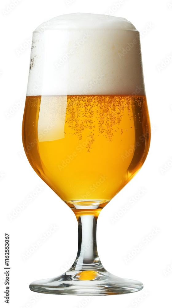 Foaming golden beer filling elegant tulip glass, crisp white head creating rich texture against clean transparent backdrop Foaming golden beer filling elegant tulip glass, crisp white head creating rich texture against clean transparent backdrop
