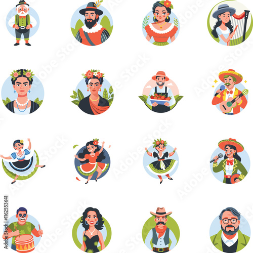 Set of Flat Style Mexican Cultural Characters Illustrations 

