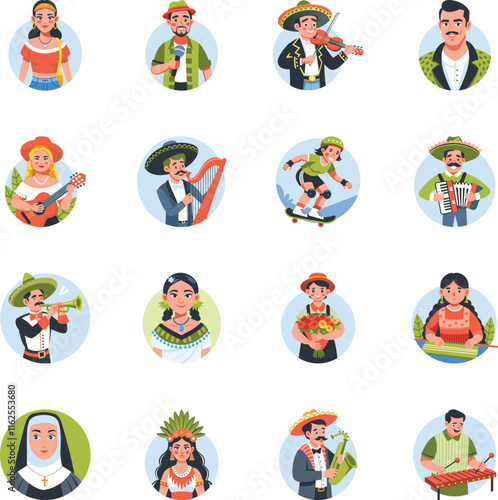 Collection of Flat Style Mexican Traditional Characters Illustrations 

