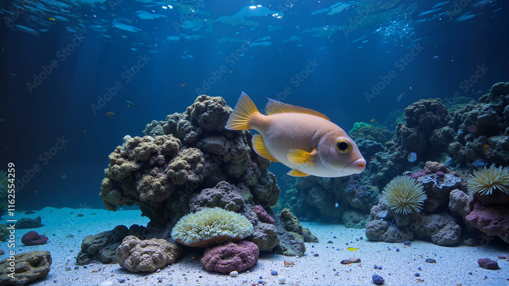 Fototapeta premium Tropical fish near rocky reef in a saltwater aquarium