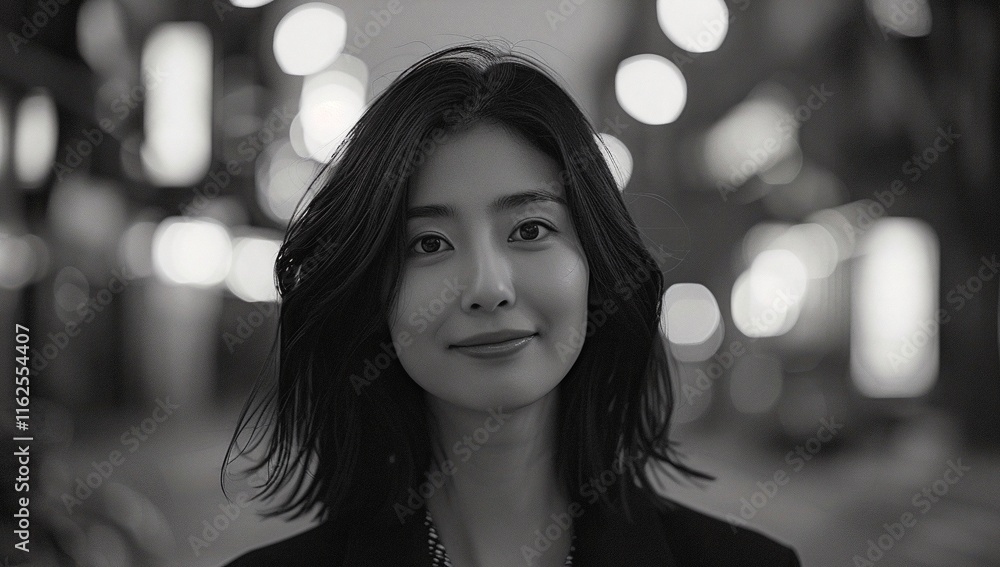 Fototapeta premium A young Asian woman with shoulder-length hair looks at the camera with a calm, gentle expression. Black and white portrait against a softly blurred city backdrop.