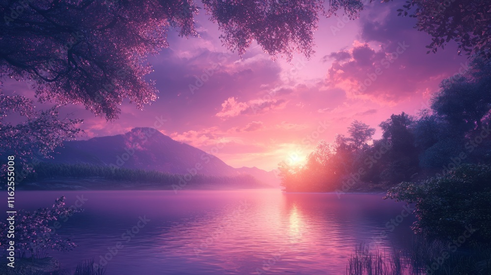 Serene Sunset Over Purple Mountain Lake Landscape Serene Sunset Over Purple Mountain Lake Landscape