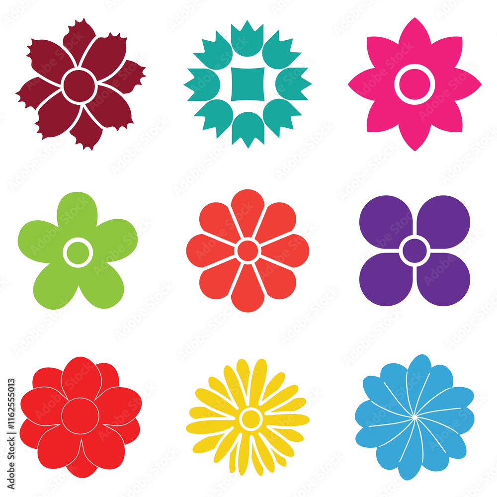 Colorful Spring flower set art design collection. illustration with retro style easy editable color.. Flower icon. Blooming flower icon, sign, cute floral design for card, web, poster, print.
Colorful Spring flower set art design collection. illustration with retro style easy editable color.. Flower icon. Blooming flower icon, sign, cute floral design for card, web, poster, print.