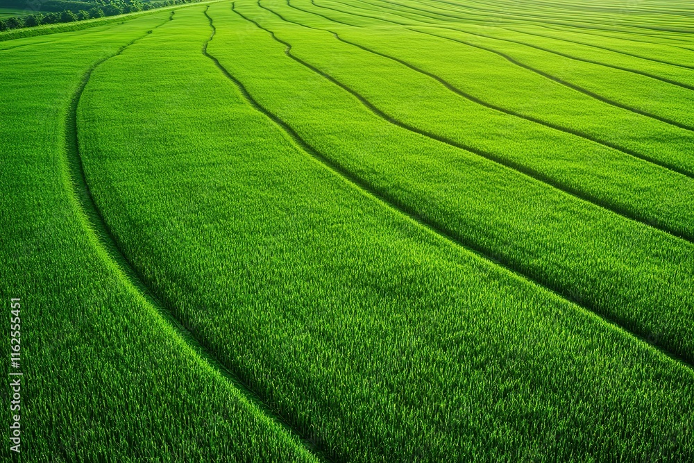 top-down view of irrigation system creating vibrant patterns on lush green field with clean lines and branding-friendly top-down view of irrigation system creating vibrant patterns on lush green field with clean lines and branding-friendly