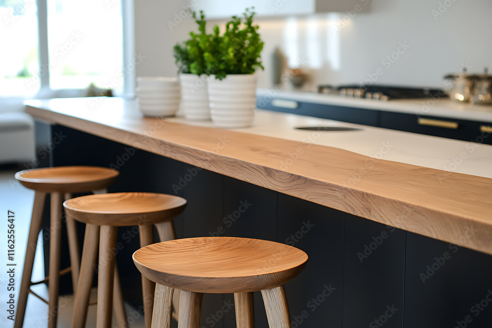 Modern Kitchen with Exquisite Wood Counter and Bar Stools Modern Kitchen with Exquisite Wood Counter and Bar Stools