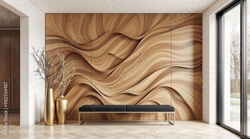 Minimalist interior design of modern home entryway, hall. Artistic wooden paneling wall with flowing abstract sculpture in a minimalist modern lobby.