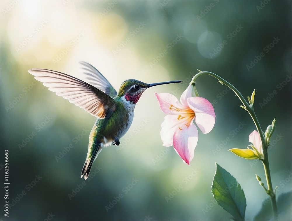 Naklejka premium a hummingbird flying next to a pink flower on a soft green background