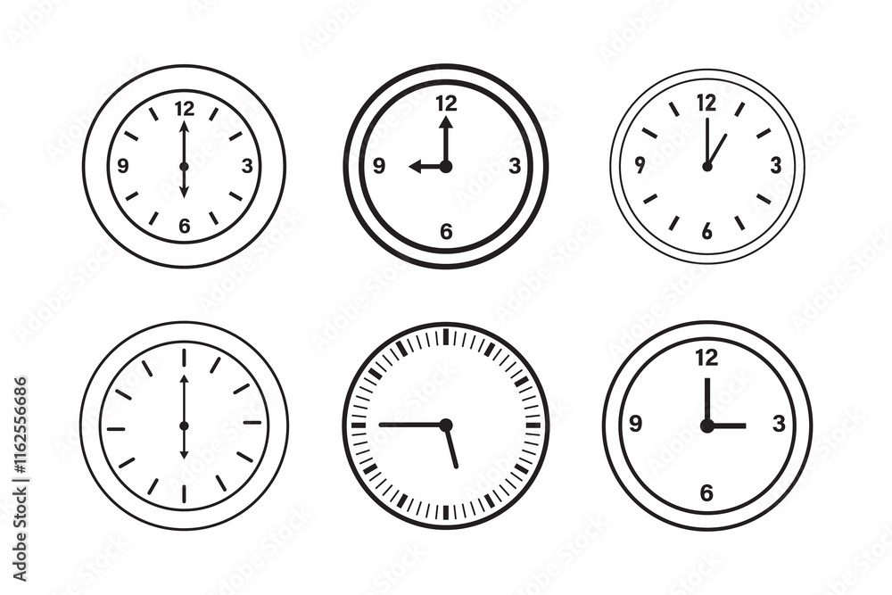 Timer icon set. Alarm clock symbol. Watch countdown vector illustration. Stopwatch sign. Hours, minutes and seconds concept. Simple express pictogram outline collection. Timer icon set. Alarm clock symbol. Watch countdown vector illustration. Stopwatch sign. Hours, minutes and seconds concept. Simple express pictogram outline collection.