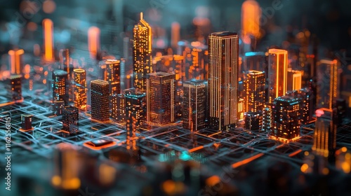 Illuminated Cityscape Network Digital Architecture