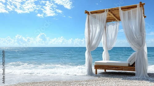 Tropical summer vibes Seaside cabana with flowing curtains photo