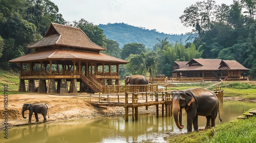 Elephants near wooden structures by a tranquil waterbody in a scenic landscape.