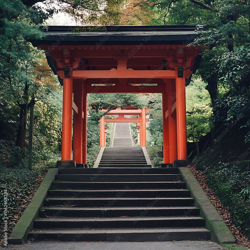 Serene Stone Steps Leading Through a Series of Red Torii Gates in a Lush Green Japanese Forest. Serene Stone Steps Leading Through a Series of Red Torii Gates in a Lush Green Japanese Forest.