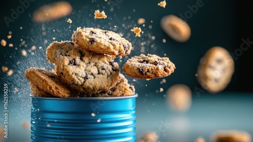 An action-packed shot of delectably baked chocolate chip cookies bursting from a blue tin jar, emphasizing the motion and excitement of the scene. photo