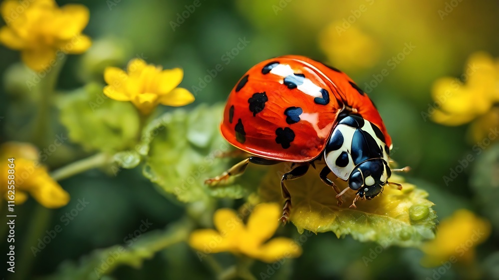 A bright red ladybug with black spots climbing a yellow flower petal, surrounded by lush green foliage and a soft bokeh effect A bright red ladybug with black spots climbing a yellow flower petal, surrounded by lush green foliage and a soft bokeh effect