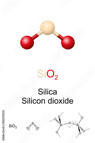 Silicon dioxide, silica, SiO2, molecule model, chemical structure and formula. Commonly found in nature as quartz, a major constituent of sand, and a common fundamental constituent of glass. Vector.