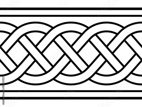 Cable knit or braid pattern, seamless tile for creating borders in retro style. Overlapping and crossing lines form a multi-layered texture. The tile can be seamlessly extended horizontally. Vector.