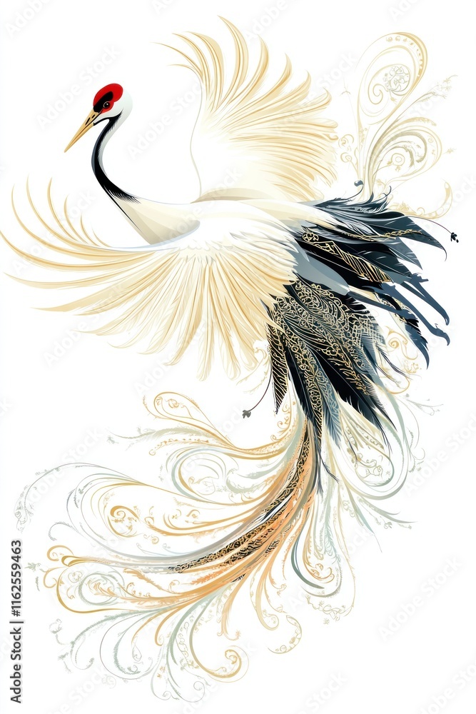 Fototapeta premium Red crowned crane opening its majestic wings with golden flourishes
