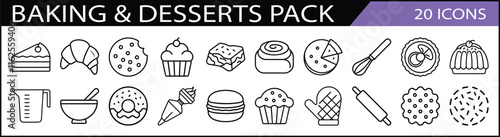 Baking and Desserts Line Icon Set - A collection of 20 icons centered on baking and desserts, including cakes, cookies, and utensils for kitchen-themed designs.