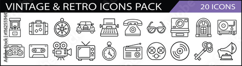Vintage and Retro Icon Collection - A themed collection of 20 vintage and retro icons, featuring typewriters, vinyl records, cameras, and nostalgic items for classic designs.