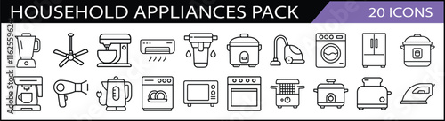 Household Appliances Icon Collection - A collection of 20 line icons featuring household appliances, including blenders, microwaves, and vacuums for everyday domestic themes.