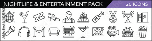 Nightlife and Entertainment Icon Set - A pack of 20 icons showcasing nightlife and entertainment themes, including cocktails, music, and dance for party or club designs.
