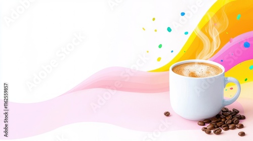 Steaming cup of latte art coffee with coffee beans on pastel background. photo